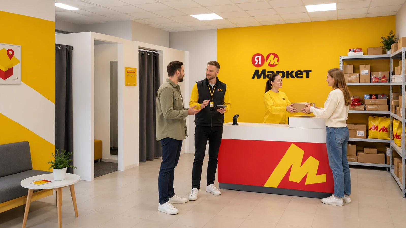 Интерьер брендированного пункта выдачи заказов «Яндекс Маркет» в момент обслуживания клиентов сотрудниками.