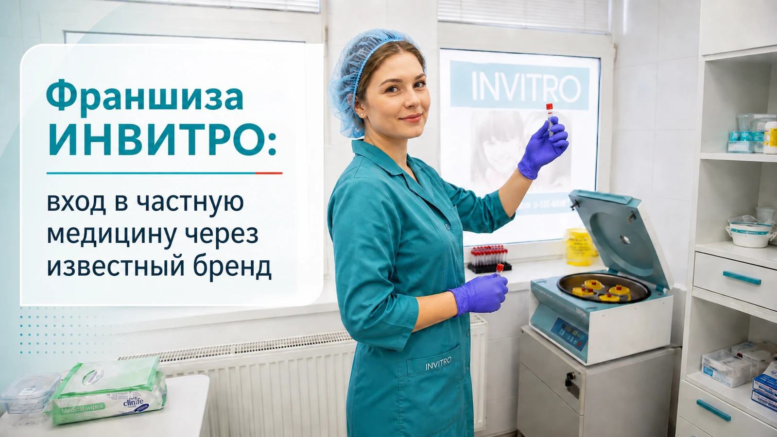 Медсестра в лаборатории ИНВИТРО держит пробирку с кровью рядом с центрифугой