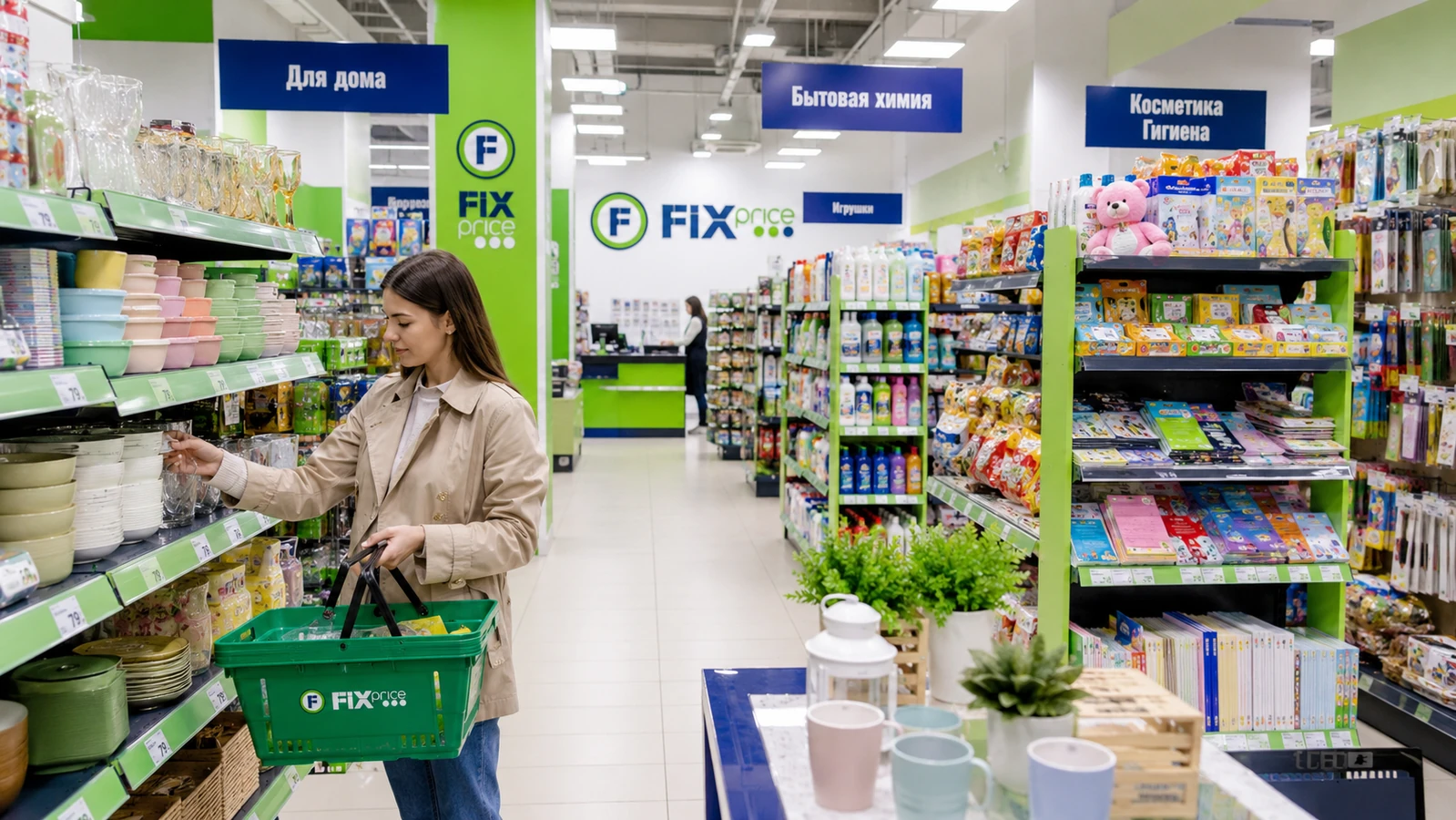 Девушка в светлом плаще выбирает товары в ярко освещенном магазине сети Fix Price, держа в руках зеленую корзину