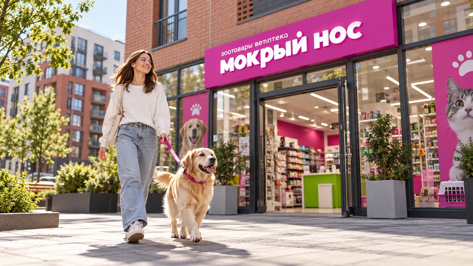 Покупательница с собакой у входа в зоомагазин «Мокрый нос»